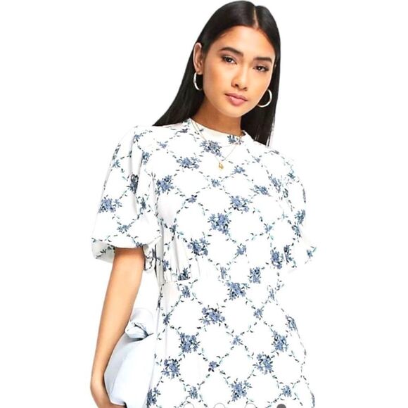 VERO MODA Puff Sleeve Midi Ruffle High Neck Tea Dress Floral in White Small NWT - Picture 2 of 11